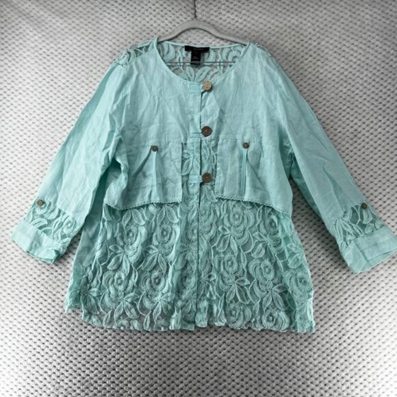 Ali Miles‎ Top Linen Blend Lace Trim Button Down Lightweight Lagenlook Artsy XL - Picture 1 of 8